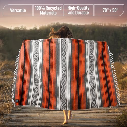 Hydration Nation Authentic Extra Large Mexican Blanket (70"x50") - Handwoven Yoga, Serape - Artisanal Falsa, Beach, Camping, Picnic, Outdoor(Orange) - color: Orange