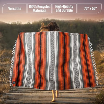 Hydration Nation Authentic Extra Large Mexican Blanket (70"x50") - Handwoven Yoga, Serape - Artisanal Falsa, Beach, Camping, Picnic, Outdoor(Orange) - color: Orange