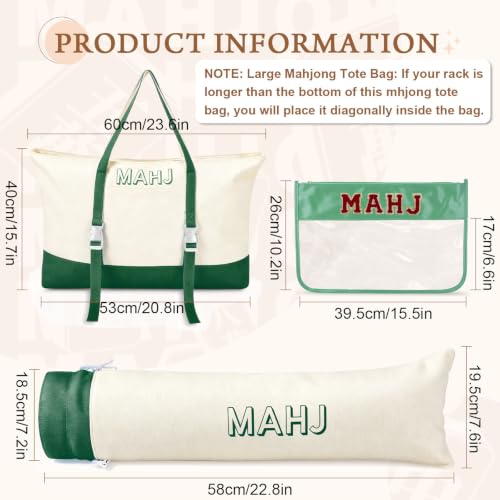 Mahjong Bag Storage Carrying Case for Tiles with Shoulder Strap (Green) | 3-Bag System, External Mat Strap, Large Capacity, Lightweight Canvas, Reinforced Stitching, Fast Packing. - color: Green