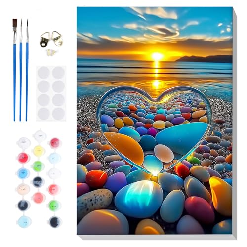 Bowetile Framed Paint by Numbers Sea for Adults Beginners, Adults' Paint-by-Number Landscape Kits, Easy Adult Paint by Number Kits on Canvas, Acrylic Number Painting for Home Decor, 8x12in - color: Landscape-beach