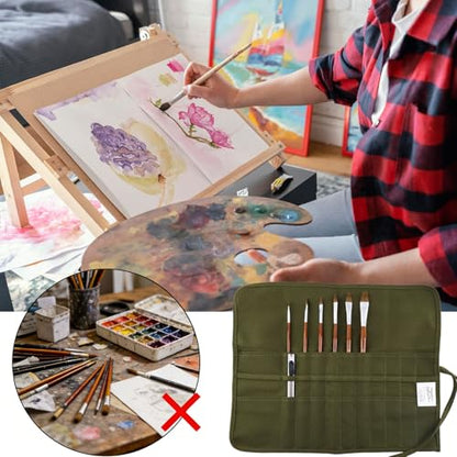 Green Canvas Paint Brush Holder Roll-up Case Bag, 22 Slots Pockets Carry Pouch Artist Brush Storage Organizer, 16.54" L x 12.99" W