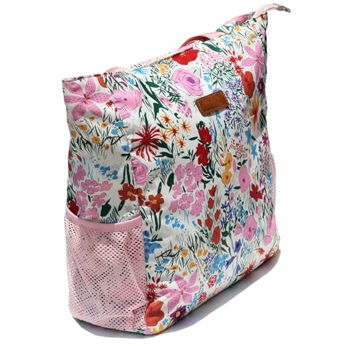 ESVAN Original Floral Water Resistant Large Tote Bag Shoulder Bag for Gym Beach Travel Daily Bags Upgraded - color: A Pink