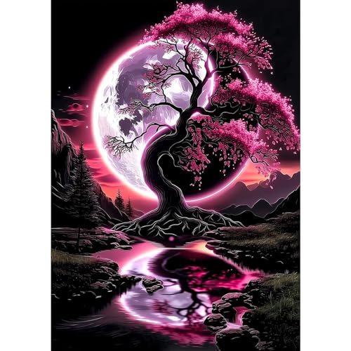 MXJSUA Yin-Yang Tree Moon Diamond Art Painting Kits for Adults, Full Drill 5D Round Dots Diamonds Paint Picture for Beginners, Gem Art Painting Craft Kits for Home Decor Gift 12x16 inch - color: Yin-yang Tree Moon