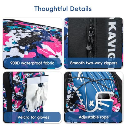 KAVIGOR Rolling Baseball Bag with Wheels, 60L Capacity Softball Bag Holds 4 Bats for Boys and Girls, Youth Equipment Bag with Shoe Compartment - color: Pink Camo