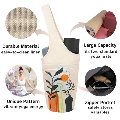 Yoga Mat Bag Carrier for Women with Side Large Pocket Durable Linen Workout Gym Travel Storage Pilates Mats - color: Boho Plants