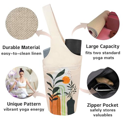Yoga Mat Bag Carrier for Women with Side Large Pocket Durable Linen Workout Gym Travel Storage Pilates Mats - color: Boho Plants