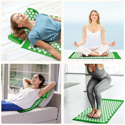 Fitvids Acupressure Mat and Pillow Set for Back/Neck Pain, Acupuncture Products to Relieve Muscle Fatigue, Improve Insomnia for Sedentary People, Acupuncture Eases Stress, Massage Mat, Green - style: Forest Green