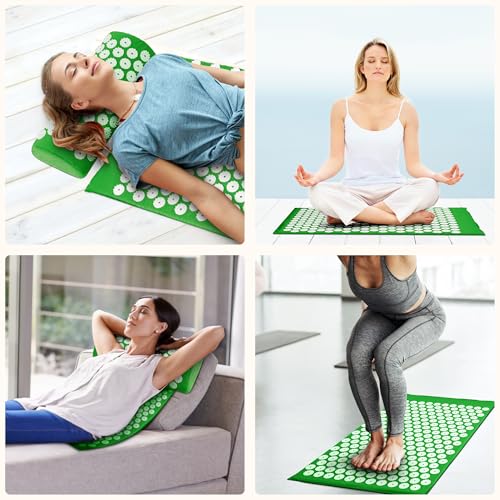 Fitvids Acupressure Mat and Pillow Set for Back/Neck Pain, Acupuncture Products to Relieve Muscle Fatigue, Improve Insomnia for Sedentary People, Acupuncture Eases Stress, Massage Mat, Green - style: Forest Green