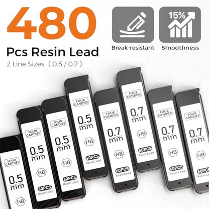 4PCS Metal Mechanical Pencil Set, 0.5mm+0.7mm, Storage Case, Black＆Silver | 480 Lead Refills, 3 Erasers, 9 Eraser Refills, Smooth Writing, Anti Grip, for Sketching, Technical Drawing, Art Projects - color: Silver+Black (4PCS)