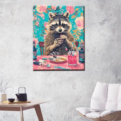 Racoon Make Up Paint by Number for Adults Beginner Students Bohemia Floral Print Paint by Numbers Jungle Animal Manicure DIY Acrylic Painting Pink Canvas Living Room 16x20 Inches（Without Frame ） - color: Artwork-12, size: 16''x20''(Without Frame)