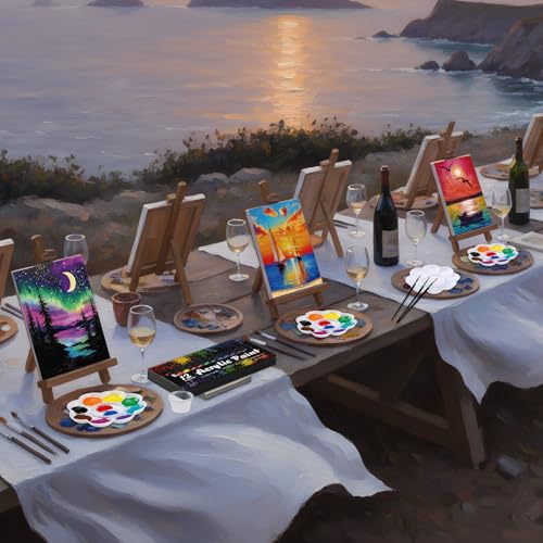 Cholemy 6 Set Paint and Sip Kit for Adults 8"x 10" Pre Drawn Canvas Painting with Wooden Easel Acrylic Paint Wash Cup Brushes Palette Apron for Painting DIY Adult's Date Party Supplies(Landscape) - style: Landscape