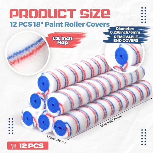 Leumoi 12 Pcs 18 Inch 1/2 Nap Paint Roller Covers Bulk Microfiber Refill Roller Cover with End Caps Painter Lint Free Paint Kit Home Repair Tools for Most Types of Surfaces - size: 18 Inch 1/2" Nap