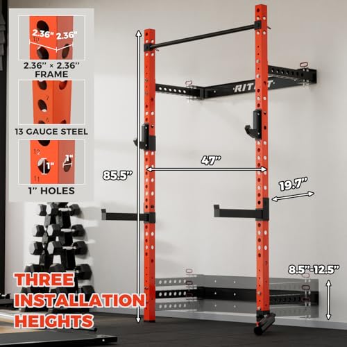 RitFit 2.36'' x 2.36'' Folding Squat Rack for Home Gym, Wall Mounted Squat Rack with Attachments - Space Saving Squat Power Rack - color: Orange, style: Folding Squat Rack with Safebar