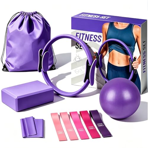 Pilates Kit, Home Workout Equipment for Women | Pilates Ring and Ball, Resistance Bands, Yoga Block, Elastic Band, Fitness Bag for Home Workouts - color: Purple