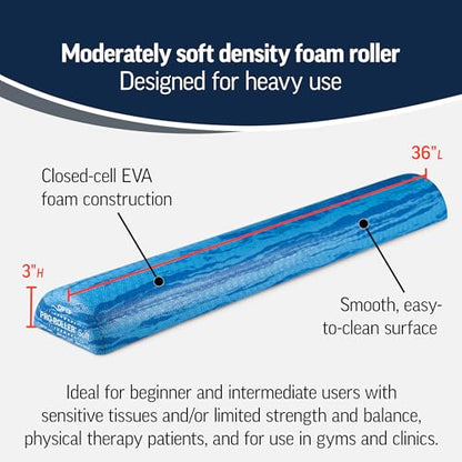 OPTP PRO-Roller Soft Density Foam Roller – Half-Round, Blue, 36"L x 3"H | Low density soft foam roller for physical therapy, Pilates, yoga foam roll exercises, and muscle recovery, Half-round - color: Blue 36" X 6" X 3" Half-round