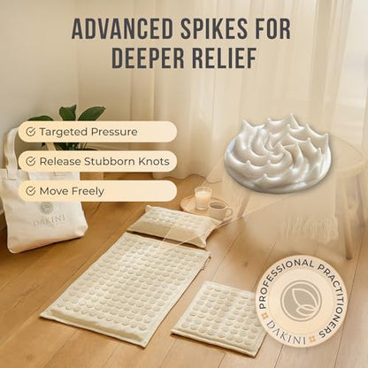 Acupressure Mat and Pillow Set with Mini Pad – Full Body Pain Relief | Mini pad targets hard-to-reach areas like feet, hands and neck for precise pressure relief - color: Natural Linen