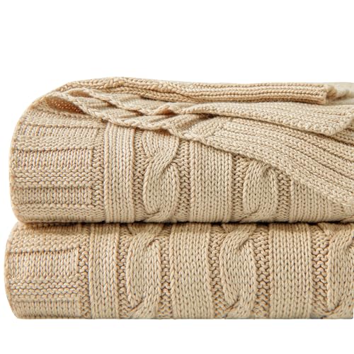 NTBAY Cotton Cable Knit Throw Blanket, 51 x 67, Khaki - color: Khaki, size: Throw(51"x67")