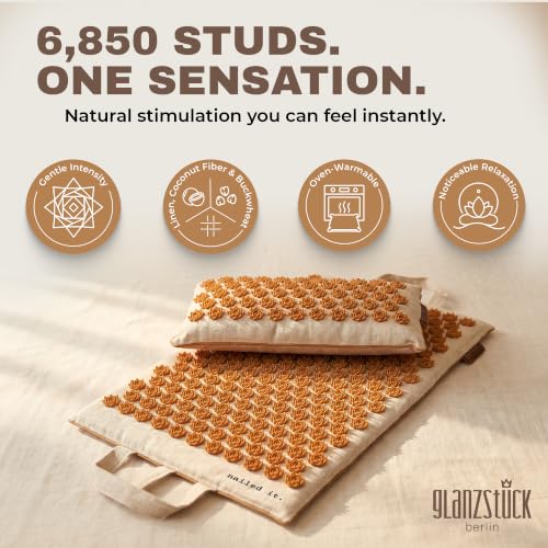 Glanzstück Berlin® Acupressure Mat and Pillow Set Original - 6,850 Flower Tips for Balanced Stimulation, Linen Cover, Coconut Fiber Fill, Carry Bag - 28" x 16.5" Massage Mat for Back, Neck & Feet - size: XL Original