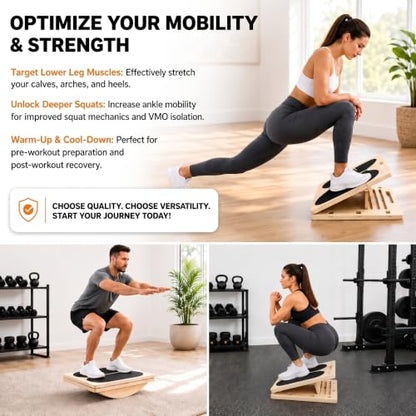 3-in-1 Adjustable Slant Board & 180°/360° Balance Board - Wooden Calf Stretcher and Squat Wedge - 5 Angle Incline Board for Stretching Equipment & Exercise - Includes Resistance Band - (400LBS)