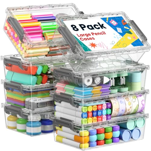 BiuLeon 8 Pack Large Pencil Box Set, Plastic Clear Pencil Case Marker Organizer, Crayon Box Craft Organizers, Stackable Storage Containers with Lid for Pen, Art and Craft Supplies(Grey) - color: Grey