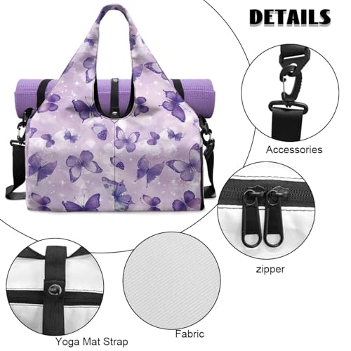 Gym Bag with Yoga Mat Holder Large Tote Bag With Multi Pockets for Women Men Dry Wet Separated Pocket Carryall Yoga Tote Bag for Pilates Travel Workout Office - color: Purple Butterfly