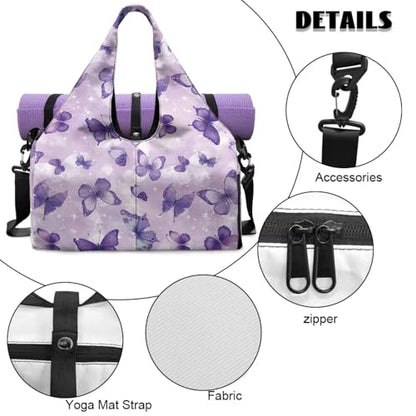 Gym Bag with Yoga Mat Holder Large Tote Bag With Multi Pockets for Women Men Dry Wet Separated Pocket Carryall Yoga Tote Bag for Pilates Travel Workout Office - color: Purple Butterfly