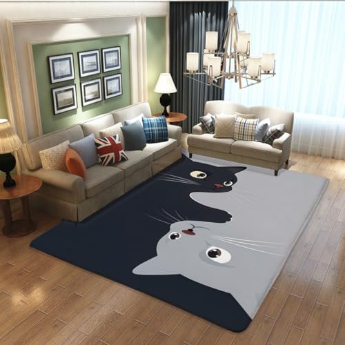Living Room Rugs Cat Cartoon Carpet, Low Pile mat, Rubber Backing, Washable Non-Slip Large Rug for Dining Room Bedroom, Grey 2'x3' - color: Grey, size: 2'x3'
