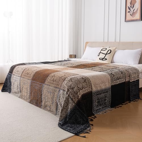 Boho Throw Blanket, Chenille Jacquard Tassels Throw Blankets for Bed Couch Soft Chair， Bohemian Fringe Tassels (Black, S:60x75) - color: Black, size: Small (60 x 75 in)