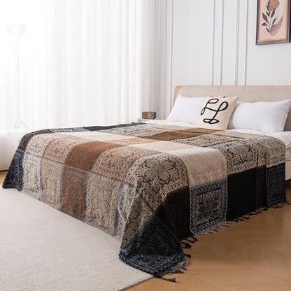 Boho Throw Blanket, Chenille Jacquard Tassels Throw Blankets for Bed Couch Soft Chair， Bohemian Fringe Tassels (Black, S:60x75) - color: Black, size: Small (60 x 75 in)