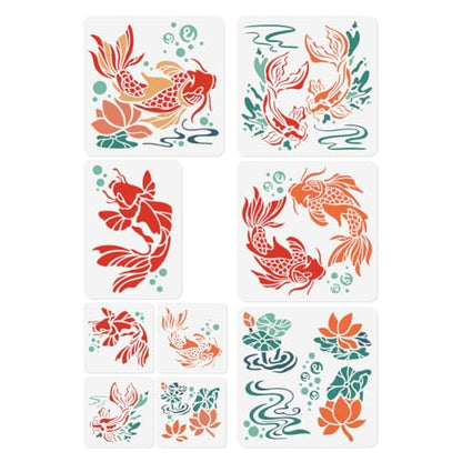 9Pcs Koi Fish Stencils, Animals Reusable Painting Templates | Multi-Size Plastic Craft Stencils, Koi Fish Wall Stencils, DIY Home Decor Templates for Wall Floor Fabric Furniture Glass - style: Koi Fish