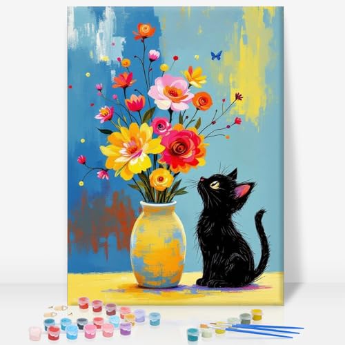 Framed Paint by Numbers Kit for Adults, Black Cat & Flowers, 8 x 12 Inch | DIY Adult Paint by Number Kit for Beginners, Floral Wall Decor, Stress Relief Craft Gift, Creative Hobby - color: TRTDOP1PF03