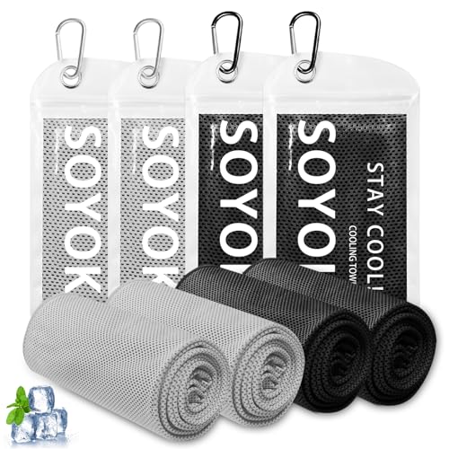 SOYOK 4 Packs Cooling Towels, 40" x 12" Cooling Towels for Neck and Face | High-density microfiber,Soft Breathable,Portable,Reusable, Waterproof Bag,Carabiner,for Running, Yoga, Travel, Climb - color: Light Grey/Light Grey/Dark Grey/Dark Grey