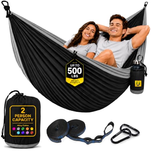 Durable Hammock 500 lb Capacity, Nylon Camping Hammock Chair - Double or Single Sizes w/Tree Straps and Attached Carry Bag - Portable for Travel/Backpacking/Beach/Backyard (Large, Black & Light Grey) - color: Black & Light Grey, size: Large