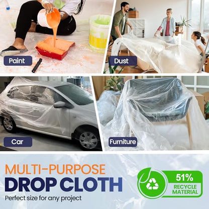 3 Pack 12 x 9 ft Extra Large Plastic Drop Cloth for Painting | Light & Durable Tarp Cover for Furniture Plastic Clear Tarp Waterproof - Paint Floor Covering - Painters Drop Cloth Sheeting - size: 3 Pack