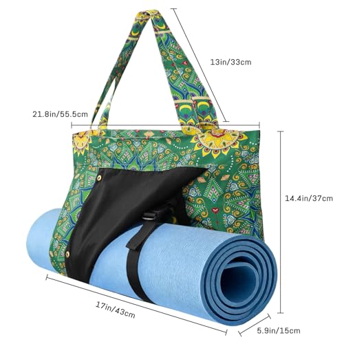 Mandala Yoga Mat Bag Large Yoga Bags and Carrier Fits All Your Stuff Yoga Tote Bags with Zipper Pocket Pilates Bag - color: Green