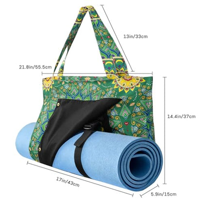 Mandala Yoga Mat Bag Large Yoga Bags and Carrier Fits All Your Stuff Yoga Tote Bags with Zipper Pocket Pilates Bag - color: Green