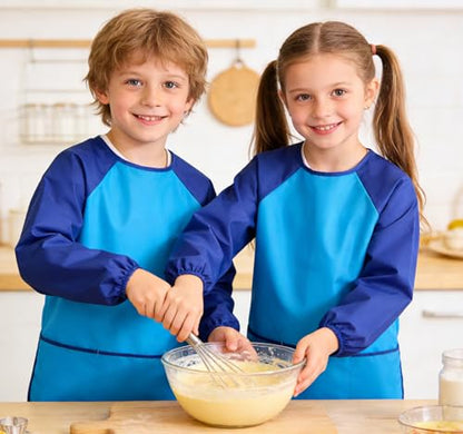 2 Pack Kids Art Smock Waterproof with Long Sleeve and 3 Roomy Pockets Artist Children Aprons for Toddlers Age 3-8 Painting Crafts（Rose Red+Lake Blue） - color: 2 Pack Rose Red+lake Blue