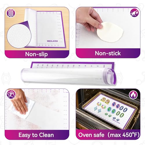 Clay Roller with Thickness Rings and 16" x 12" Silicone Clay Mat with Measurement,Oven-Safe Work Mat with Texture,Reusable Silicone Non-skid Pad,Clay Rolling Pin,Polymer Clay Tools