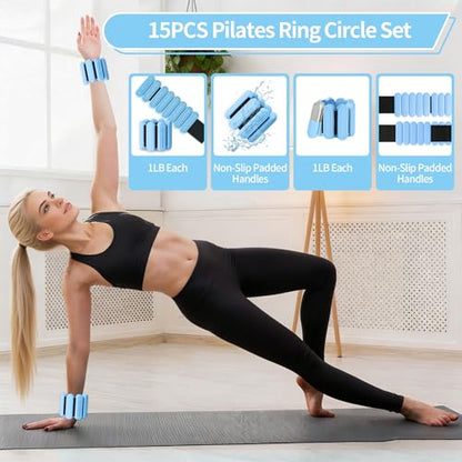 DICYWUDI Pilates Essentials Kit for Home Women, Pilates Equipment for Workouts, 6 Fabric Resistance Bands, 12 Inch Magic Circle Yoga Ring, Mini Exercise Ball, Great Exercise Equipment - color: 15pcs Blue set