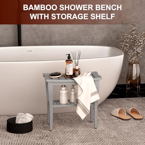 Bamboo Shower Bench Stool with Storage Shelf, Waterproof Shower Chair Spa Bath Seat, Shower Stool for Inside, Bathroom Bench Seat for Adults Elderly Seniors for Indoor or Outdoor Use(Gray) - color: Gray
