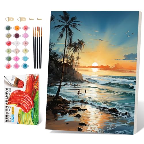 PRASIO Framed Paint by Numbers Kit for Adults Beginner, Beach Easy Adult Paint by Number Kits on Canvas Framed, DIY Acrylic Watercolor Oil Paint by Numbers with Frame for Gift Home Decor 16x20 Inch - color: XM-OP-F-Beach-4050
