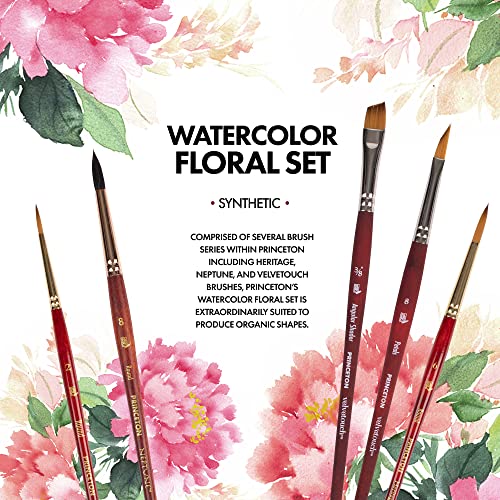 Princeton Artist Brush Co. Watercolor Floral Set - 5pc Short Handle Selection of Synthetic Watercolor Brushes - Petals Angle Shader and 3 Round Watercolor Paint Brushes for Floral Painting Techniques