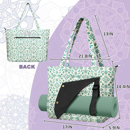 Yoga Bag for Women, Large Canvas Yoga Mat Tote Bag with Yoga Mat Carrier | Large Mat Pocket Fitness Tote for Pilates, Gym, Travel, Office & Beach - color: Green Flower