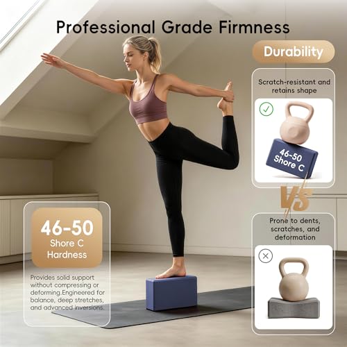 High Density EVA Yoga Blocks 2 Pack, 280g Pro-Level Exercise Brick (46-50 Shore C Firmness), Odor-Free & Non-Slip Foam Props for Yoga, Pilates & Stretching - color: dark blue