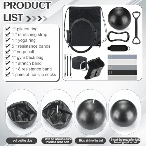 RoundFunny Pilates Ring Circle Set 18 Pcs Exercise Equipment Accessories for Women Workouts Pilates Ball Stretching Strap Magic Circle Yoga Ring Gym Back Bag Resistance Band Anti Slip Socks - color: Black
