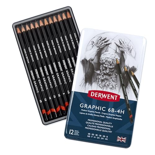 Derwent Graphic Drawing Pencils, Medium, Metal Tin, 12 Count (34214) - size: 12 Count (Pack of 1), style: 12 Count
