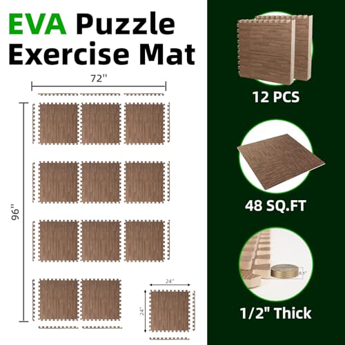 Art3d 12 Pack 24" x 24" EVA Interlocking Exercise Mats, 1/2" Thick Foam Puzzle Flooring for Workout, Gym Equipments, Training Areas, 48 Sq.FT, Dark Walnut - color: Dark Walnut, size: 48 Sq Ft