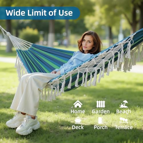 Posprica Brazilian Style Double Hammock with Fringe, 2 Person Patio Hammock for Backyard & Indoor Relaxation, Soft Breathable Fabric, Easy Setup with Straps & Carry Bag, 360 lbs Capacity - color: Blue Stripe