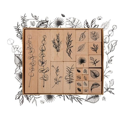 22 Pcs Plant Wooden Rubber Stamps Set, Wood Stamps for Journal, Diary, Scrapbook, Planner, Letter, DIY Craft, Card Making (Green Vitality) - color: Green Vitality