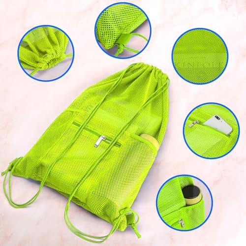 NATURAL STYLE Mesh Drawstring Backpack Bag, Gym Sports Bag with Zipper Pocket Bottle Holder, String Beach Bag for Swiming Travel (Green) - color: Green